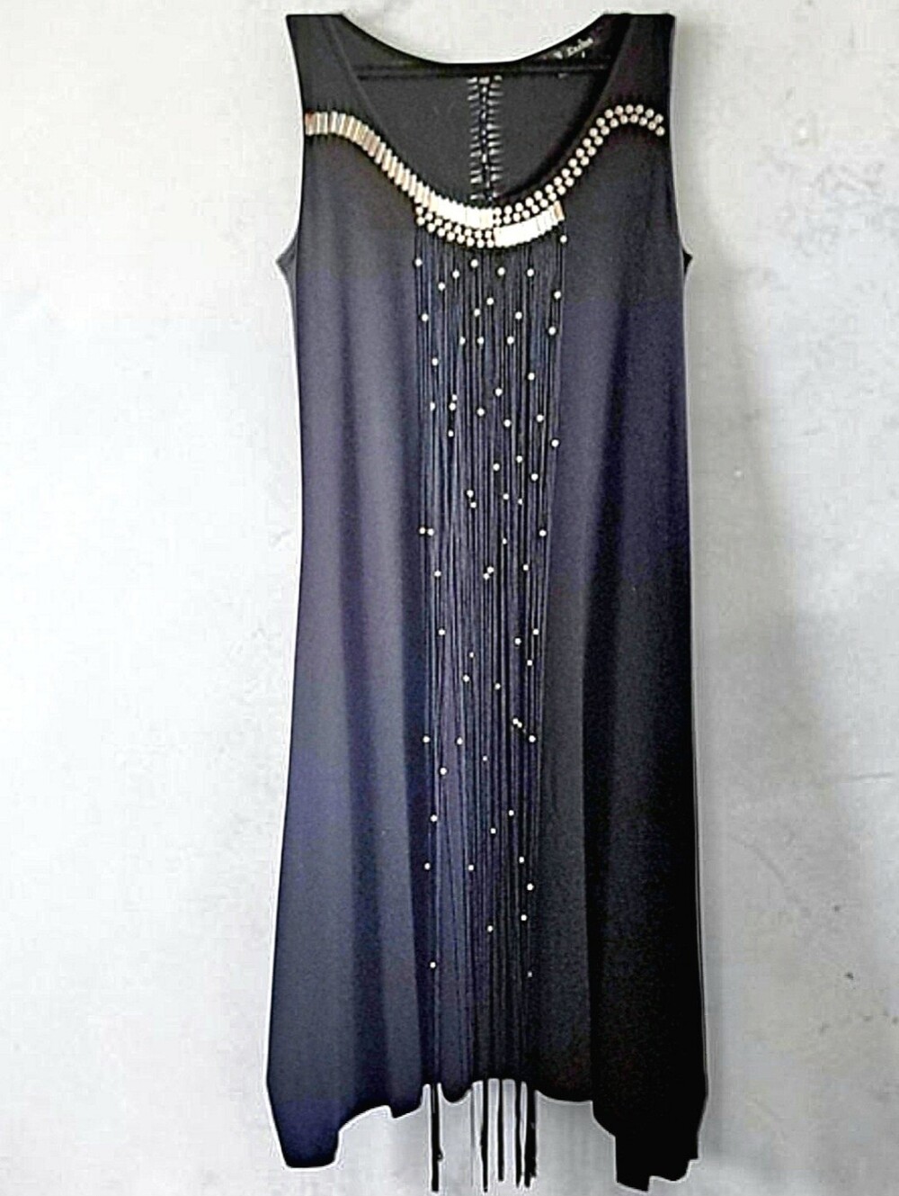 Rock 'N Karma Sleeveless Black/Silver Beaded Fringed Dress Medium LIKE NEW